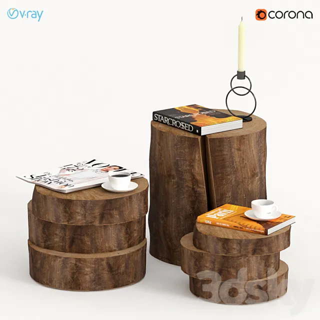 Collection of dark tables of stumps and slabs. 3ds Max