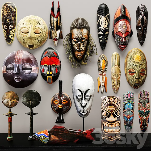 collection of masks and statuettes. 20 pieces set collection mask masks eco design African style figurine wall decor wooden ethnic 3ds Max