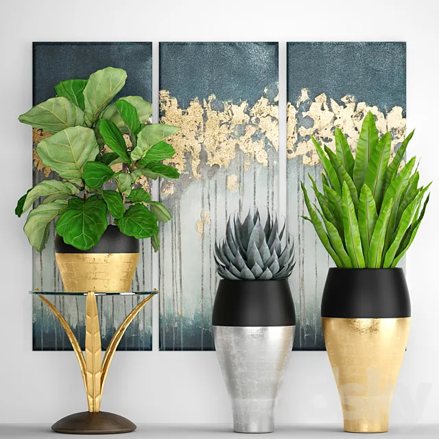 Collection of plants 90. Luxury plants painting gold decor flowerpot pot flower bush agave aspelinium ficus lyrata flower stand 3ds Max