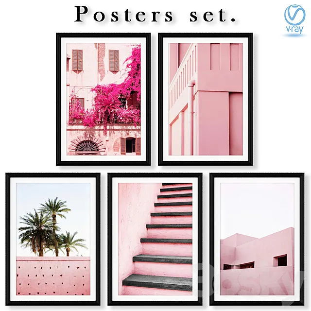 Collection of posters with pink architecture. 3DSMax File