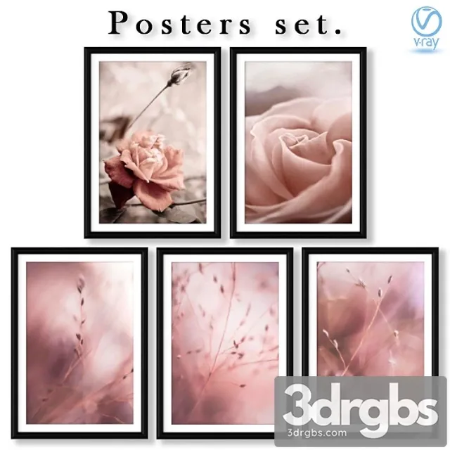 Collection of posters with pink roses and grass. 3dsmax Download
