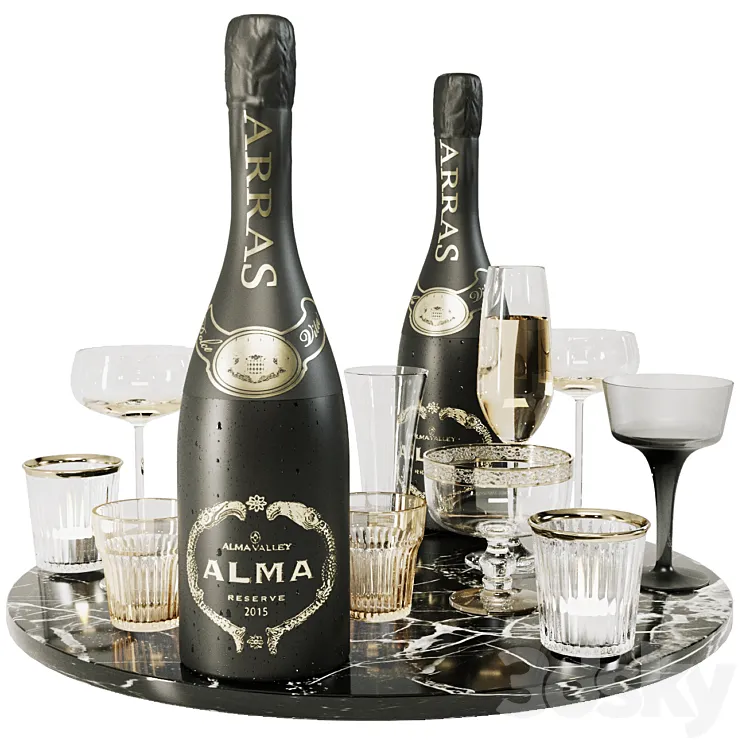 Collection of sparkling wine with crystal glasses and marble tray 3DS Max Model