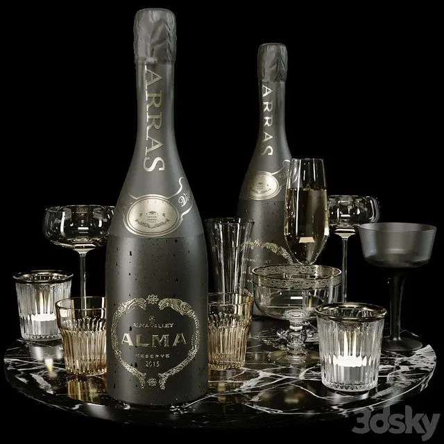 Collection of sparkling wine with crystal glasses and marble tray 3dsMax Model