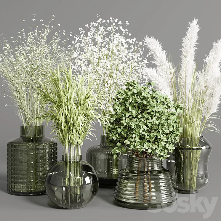 collection Plants Bouquet Indoor glass vase 3DS Max