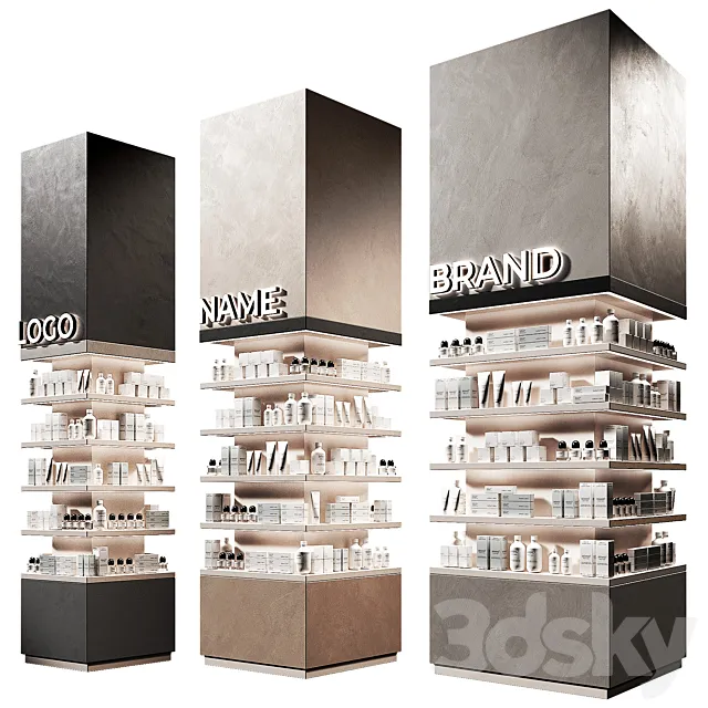 Columns of racks with trade products. Square showcase with cosmetics. Island of Pharmaceutical Products. 3ds Max