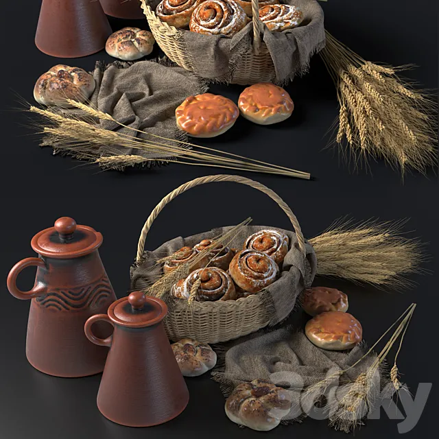 Composition with buns in a wicker basket 3DS Max Model