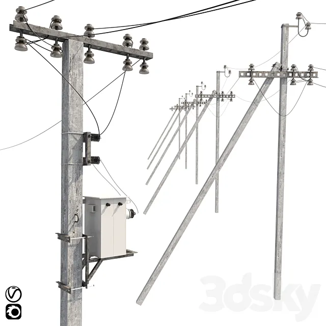 Concrete electricity transmission poles with wires 3DS Max Model