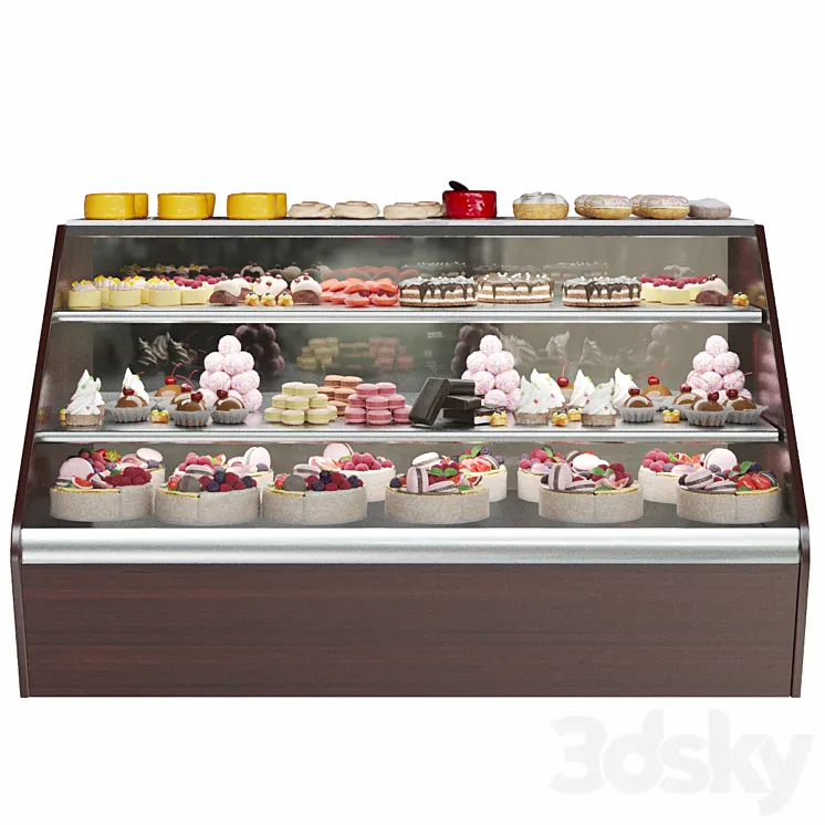 Confectionery. Refrigerator with sweets and desserts. Cake 3DS Max