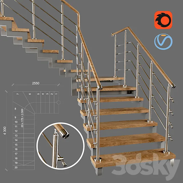 Contemporary corner staircase with staggered steps 3DS Max Model