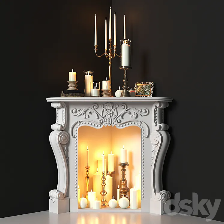 Corner fireplace with candles. Decorative set 3DS Max