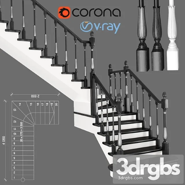 Corner staircase with zaubezhnymi steps 3 colors 3dsmax Download