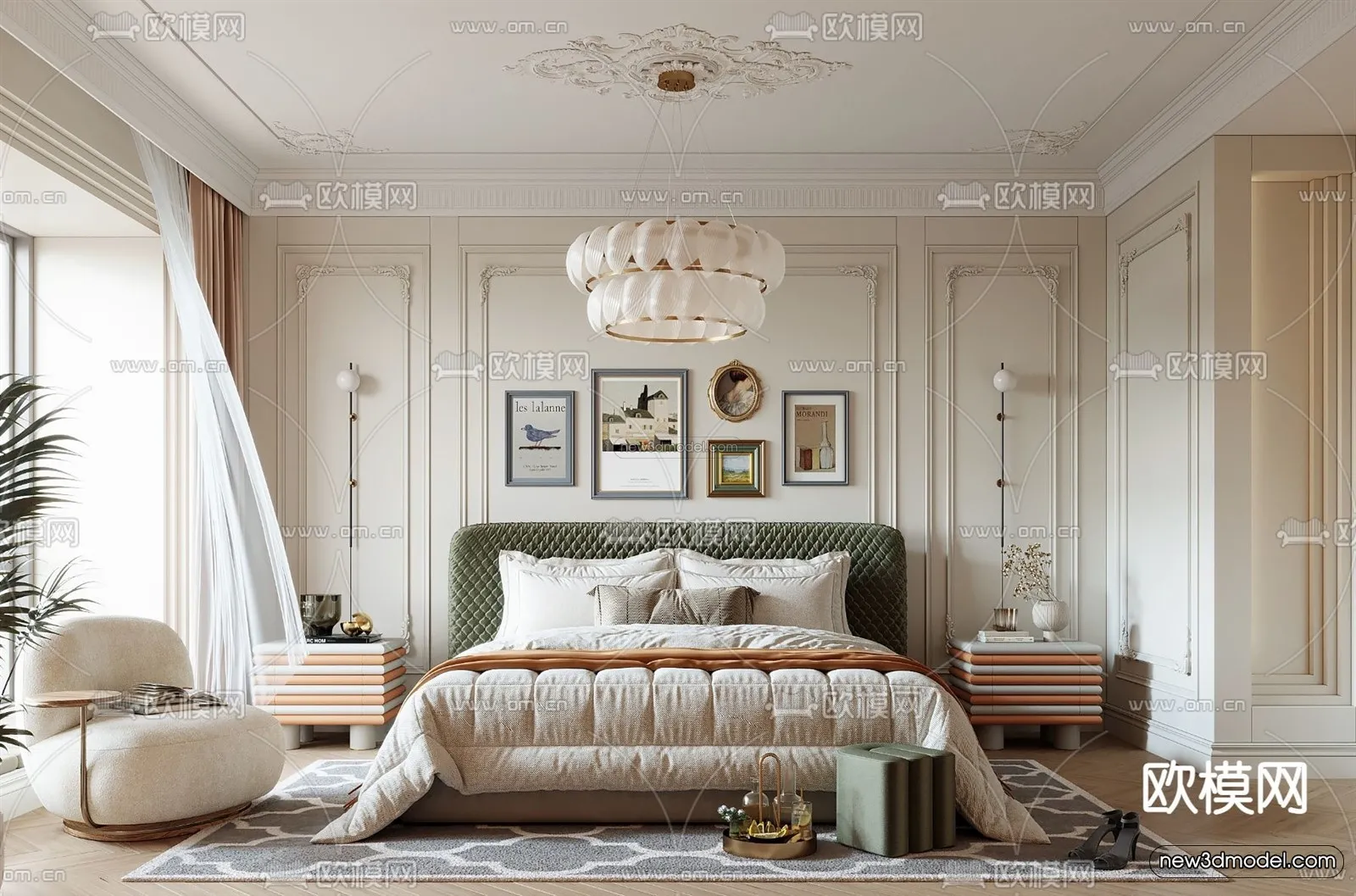 Cream Style Interior 3D Blocks – Bedroom 3D Model – 235 – VRAY
