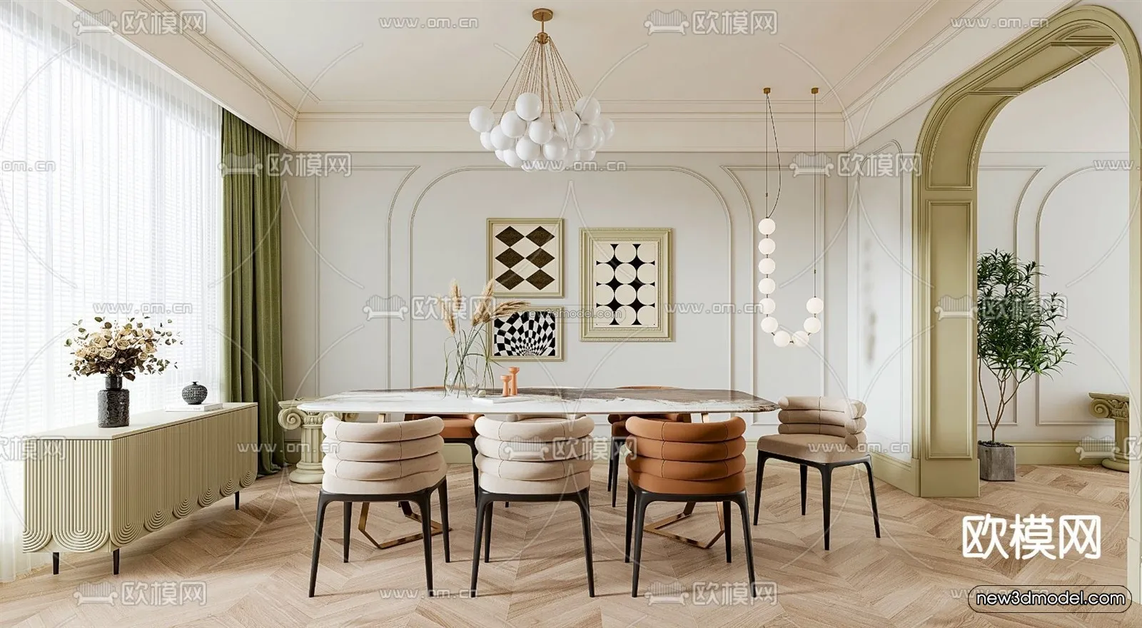 Cream Style Interior 3D Blocks – Dining Room 3D Model – 175 – VRAY