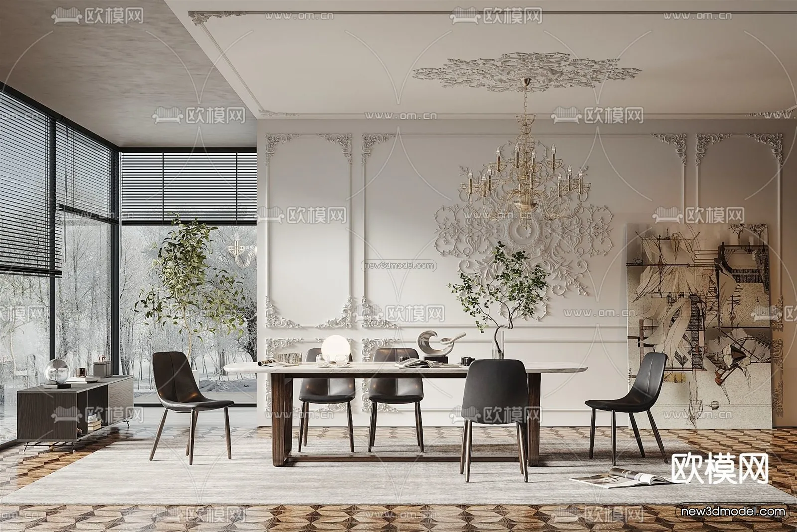 Cream Style Interior 3D Blocks – Dining Room 3D Model – 179 – VRAY