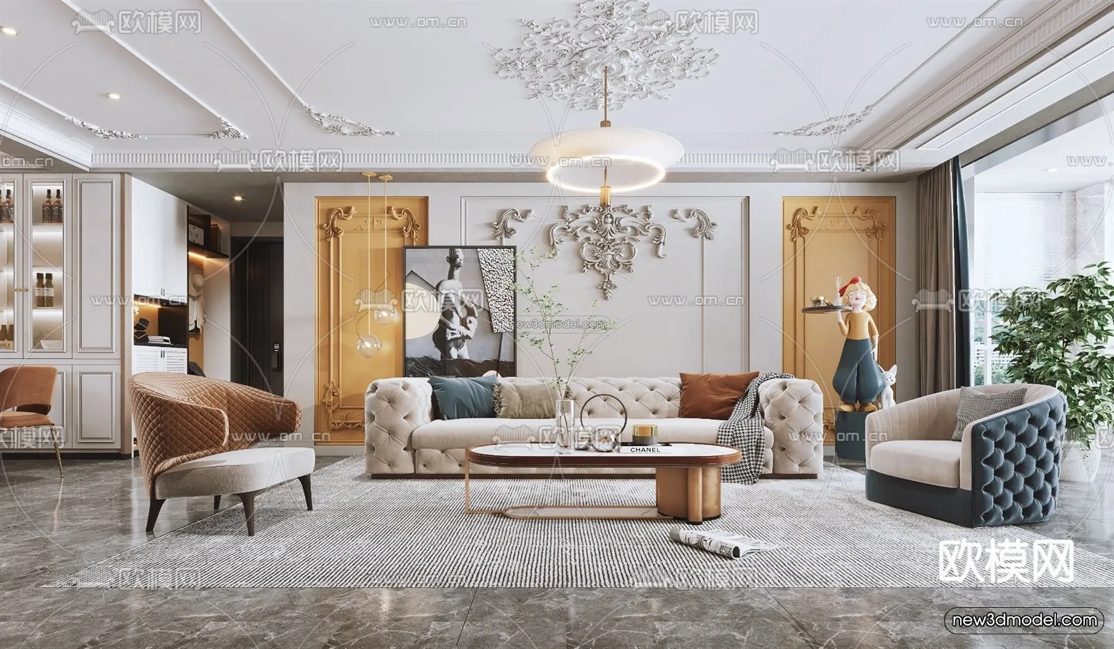 Cream Style Interior 3D Blocks – Living Room 3D Model – 019 – VRAY