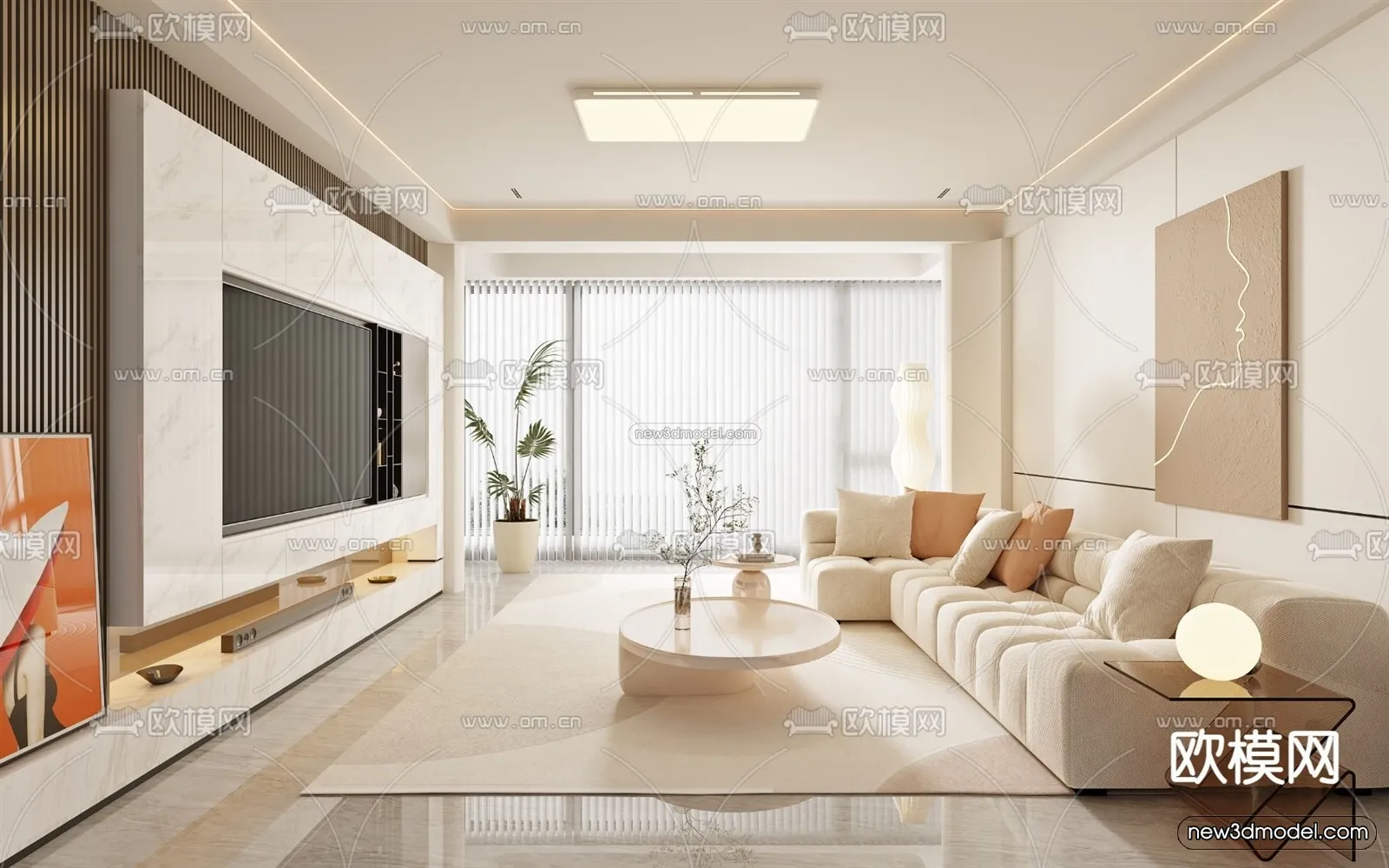 Cream Style Interior 3D Blocks – Living Room 3D Model – 045 – VRAY