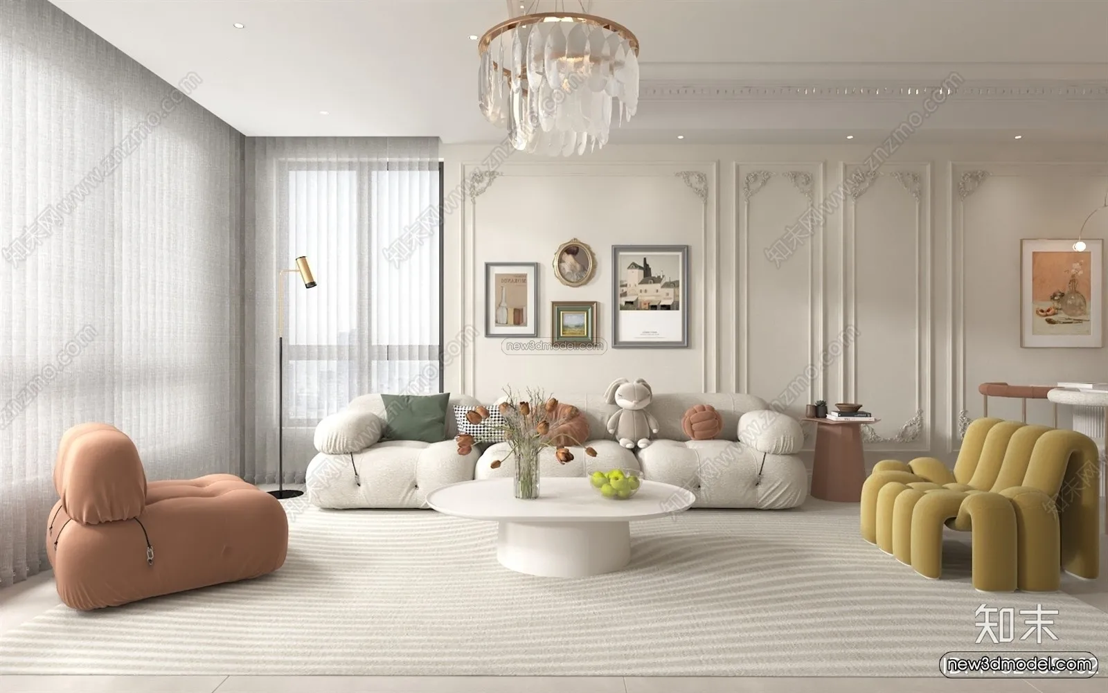 Cream Style Interior 3D Blocks – Living Room 3D Model – 057 – VRAY