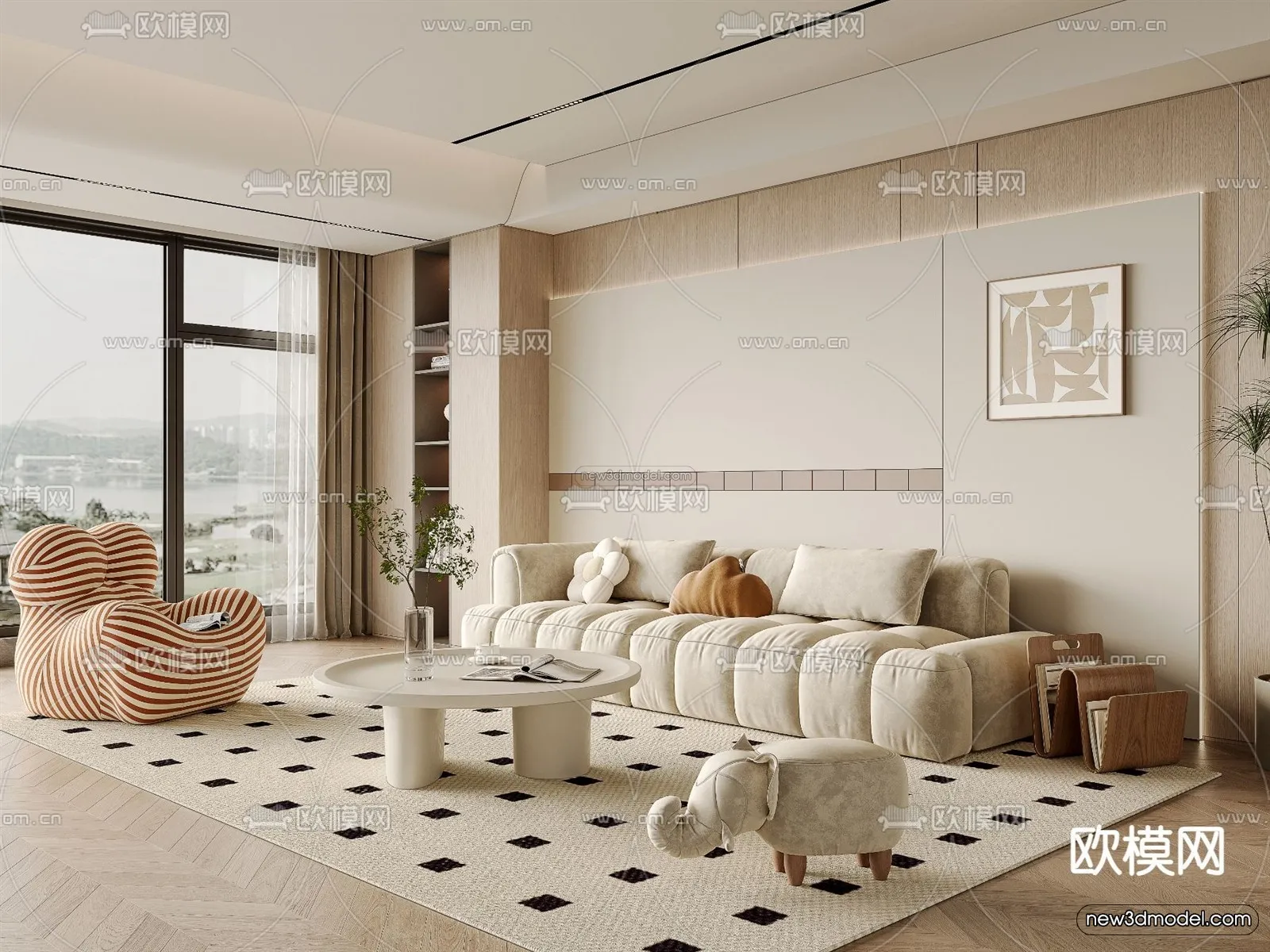 Cream Style Interior 3D Blocks – Living Room 3D Model – 114 – VRAY