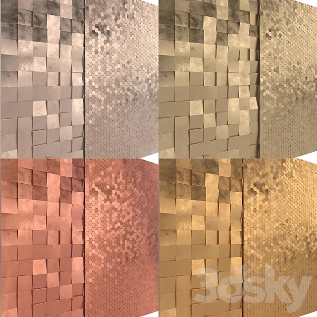 Cubic and Hexagon Palladium Brass Copper Gold wall tile & 3D Wall Panel With Scratchs 3ds Max