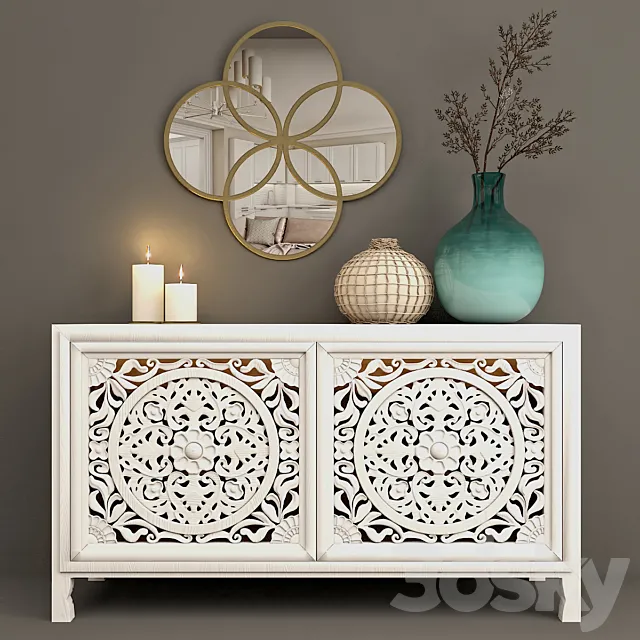 Curbstone carved Lombok Buffet with a mirror of Quartet Mirror from Anthropologie 3ds Max