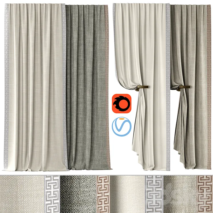 Curtains 136 | Kvadrat – Artic | SAMUEL & SONS – ATHINA EMBROIDERED BORDER 3DS Max