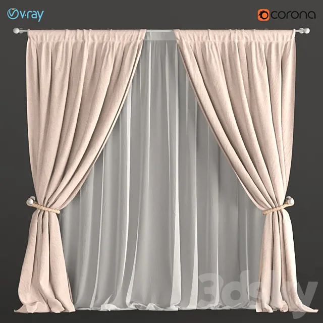 Curtains beige with a garter on the rope + tulle. 3DSMax File