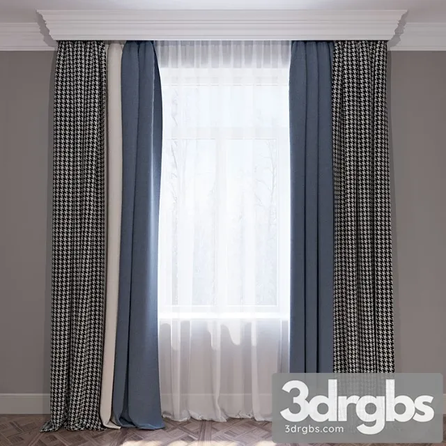 Curtains blue beige and houndstooth set of curtains 01 3dsmax Download