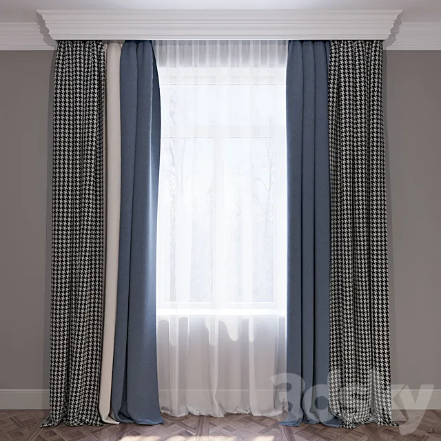 Curtains blue beige and houndstooth set of curtains 01 3DSMax File