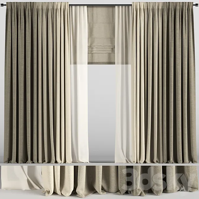 Curtains in three colors with tulle and roman blinds. 3ds Max