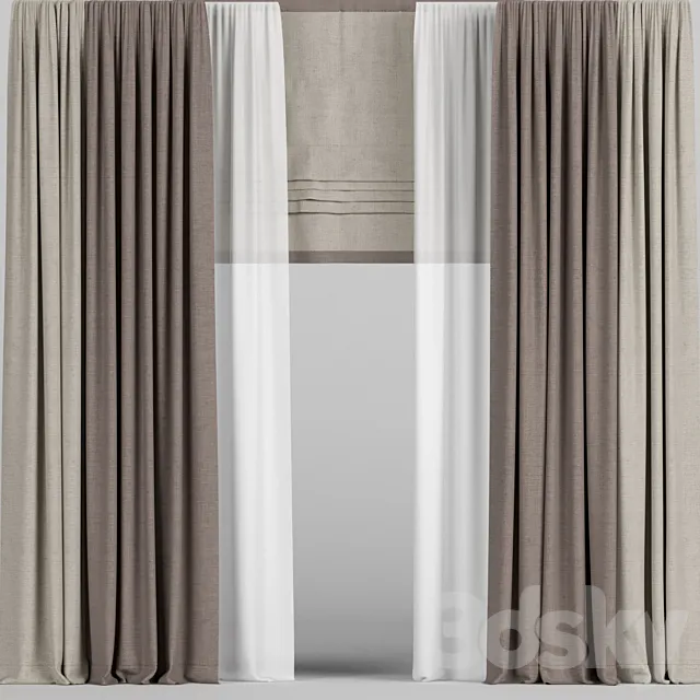 Curtains in two colors with tulle and roman blinds. 3DS Max Model