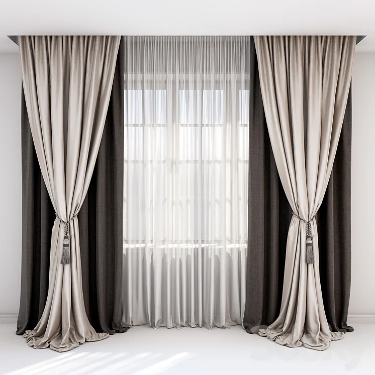 Curtains with pick-up – a brush and straight curtains in brown-beige tones. 3DS Max
