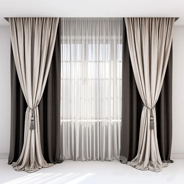Curtains with pick-up – a brush and straight curtains in brown-beige tones. 3DSMax File