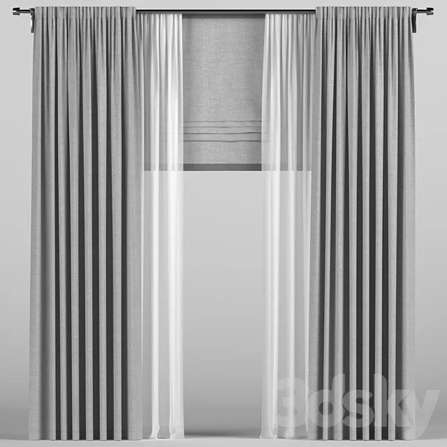 Curtains with tulle and roman blinds. 3DS Max Model