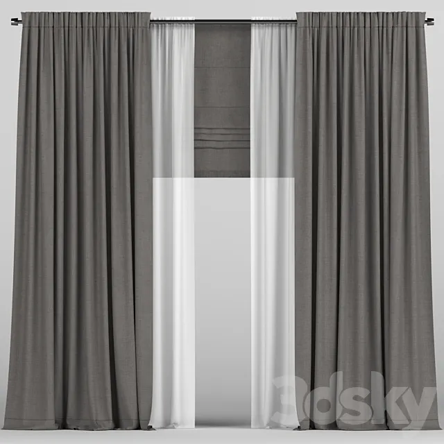 Curtains with tulle and roman blinds. 3ds Max