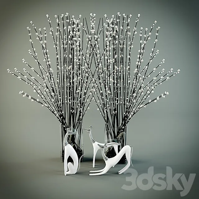 Decor. Vase with twigs and figurines dogs 3DS Max Model