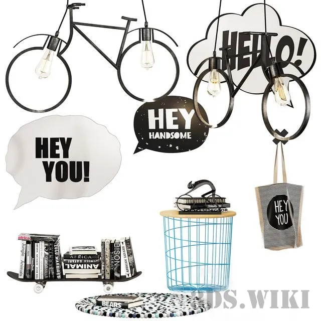 decoration – Bag bike-lamps skateboard with books 3ds Max