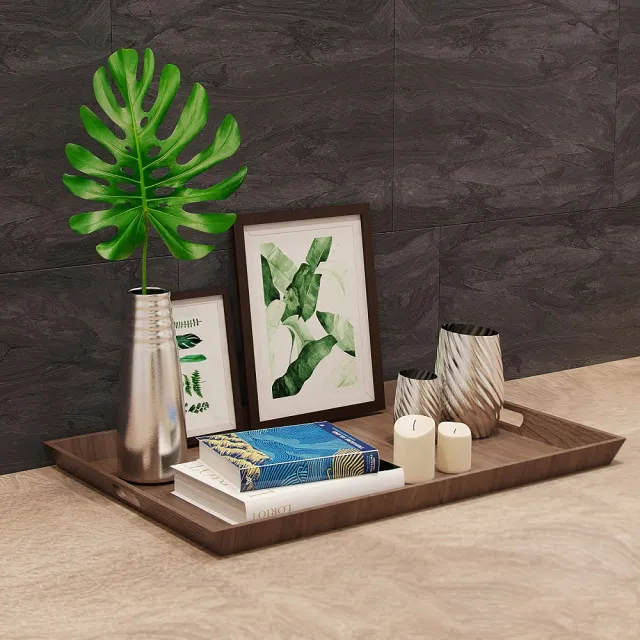 decoration – Books vases pictures and candles on a tray 3ds Max