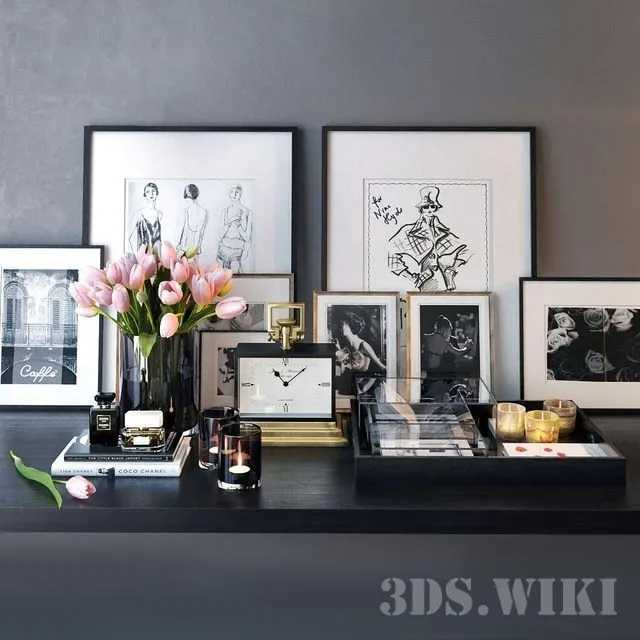 decoration – Clock pictures bouquet of pink tulips 3ds Max