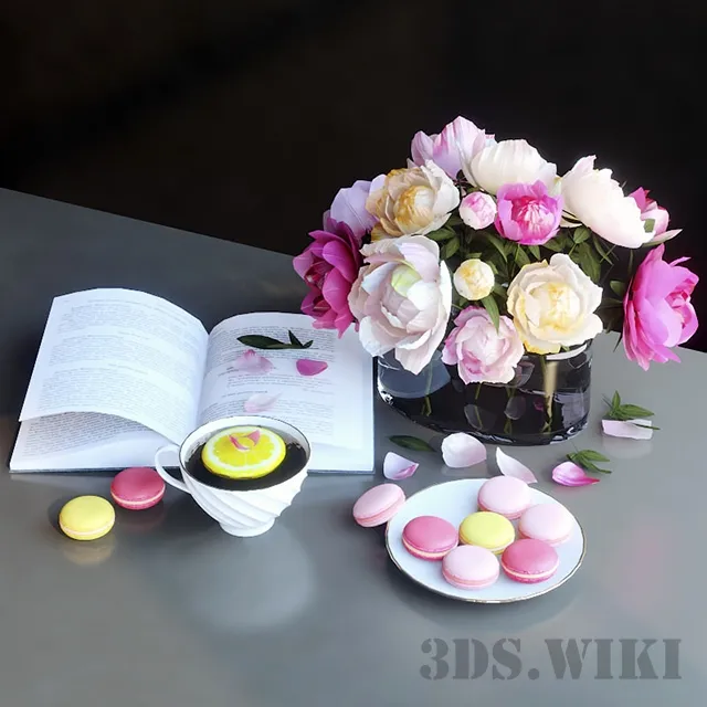 decoration – Decorative set of peonies book and cookies 3ds Max