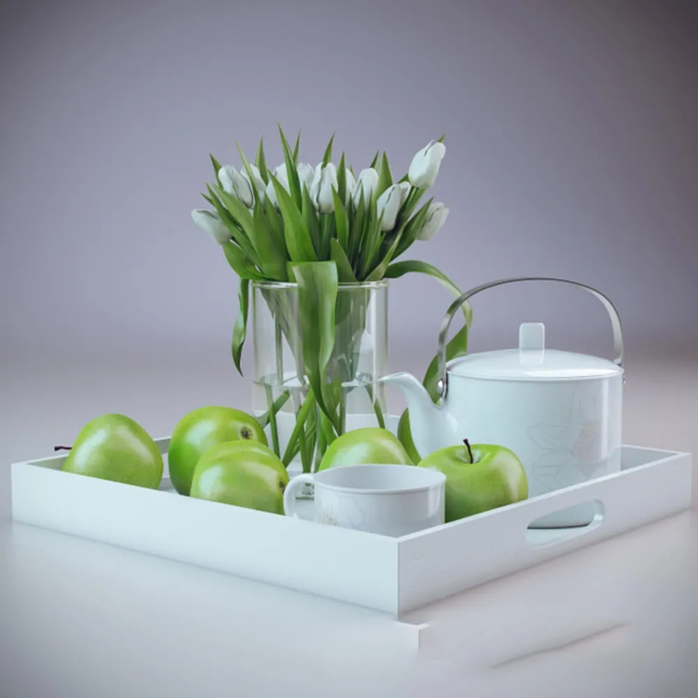 decoration – Flowers apples teapot and a cup on a tray 3ds Max