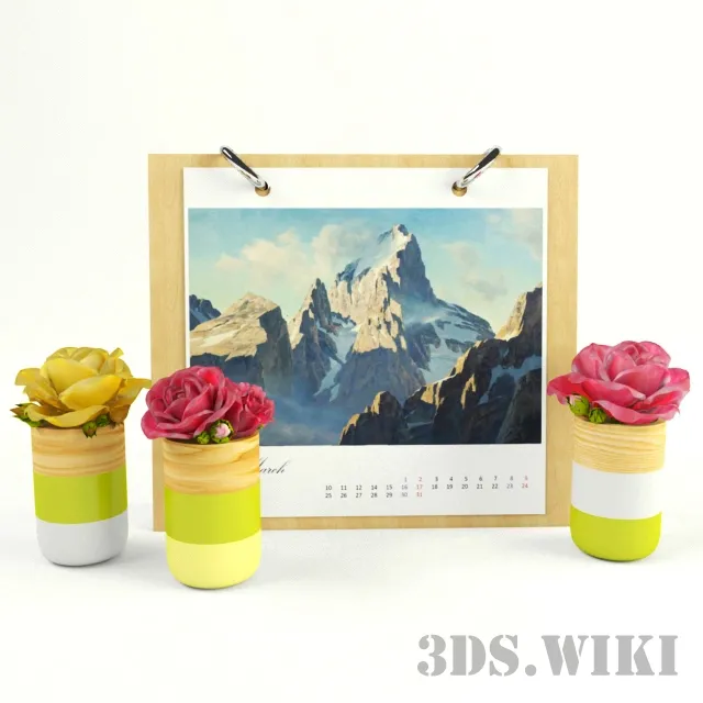 decoration – Flowers in small vases with a calendar 3ds Max