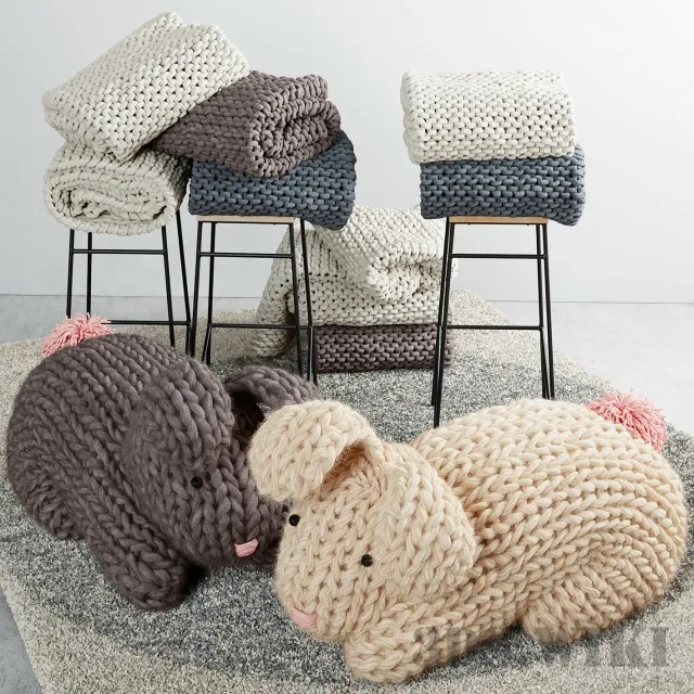decoration – Knitted hares stool with plaids and carpet 3ds Max