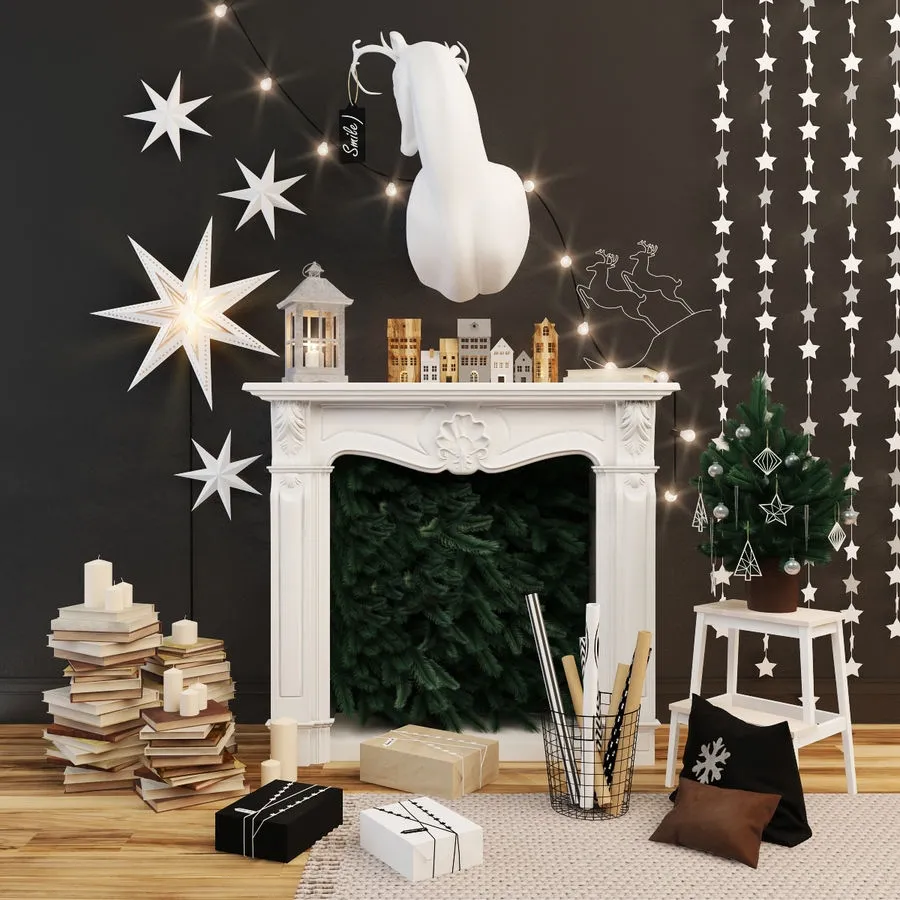 decoration – New Year’s fireplace with decor 3ds Max