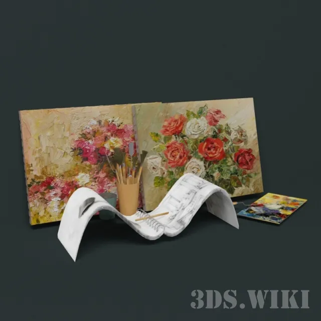 decoration – Paintings of bouquets of roses and paint brushes 3ds Max