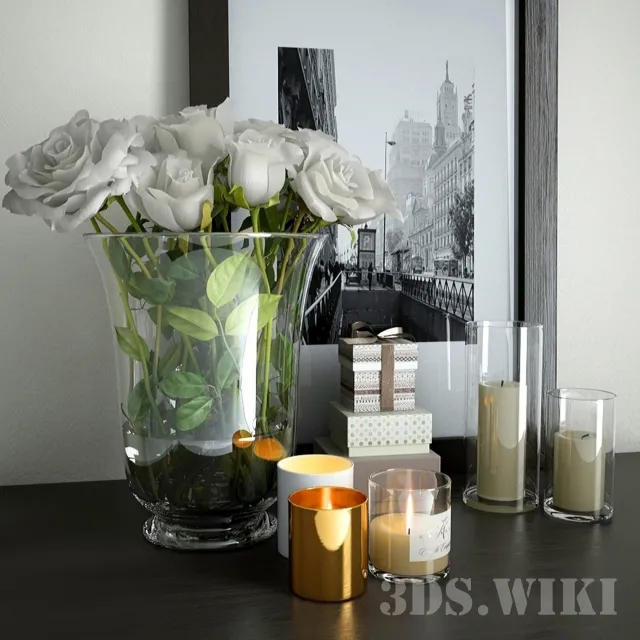 decoration – Picture candles and a vase with roses 3ds Max