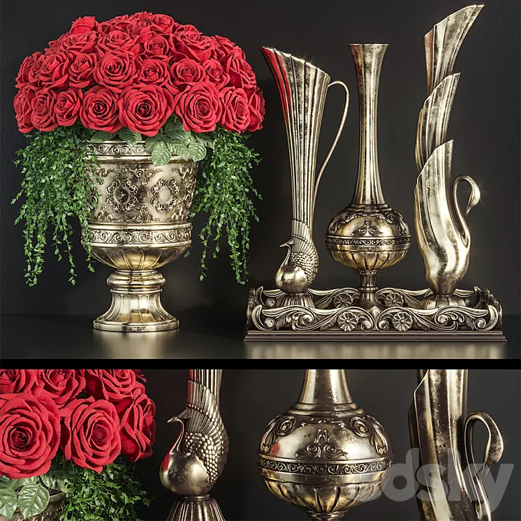 Decoration Set 23 Red Roses in antique vases. 3DS Max