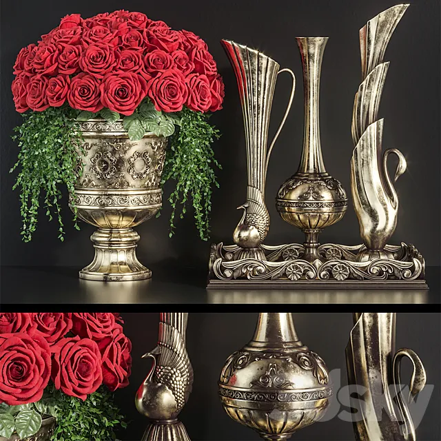 Decoration Set 23 Red Roses in antique vases. 3DSMax File