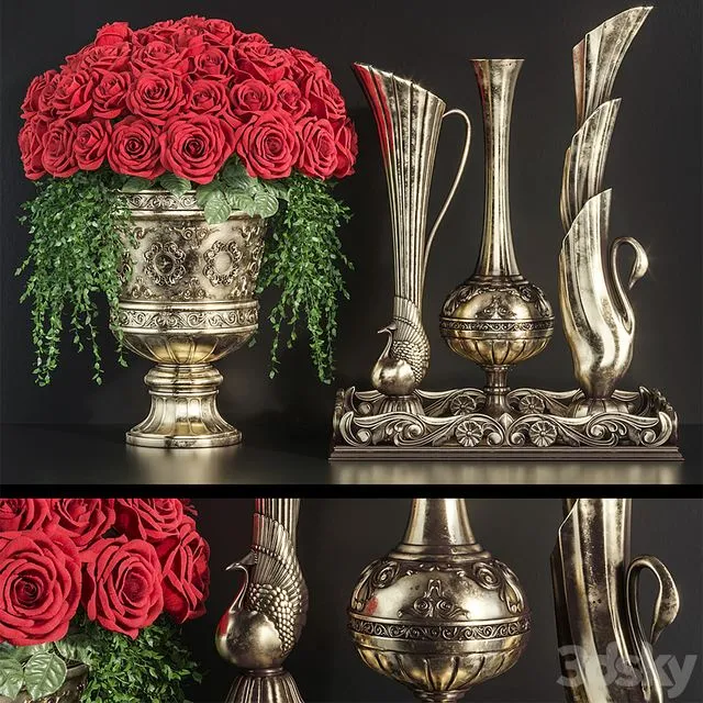 Decoration Set 23 Red Roses in antique vases 3dsMax Model