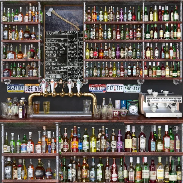 decoration – Set-370 (Wooden shelving with bottles) 3ds Max