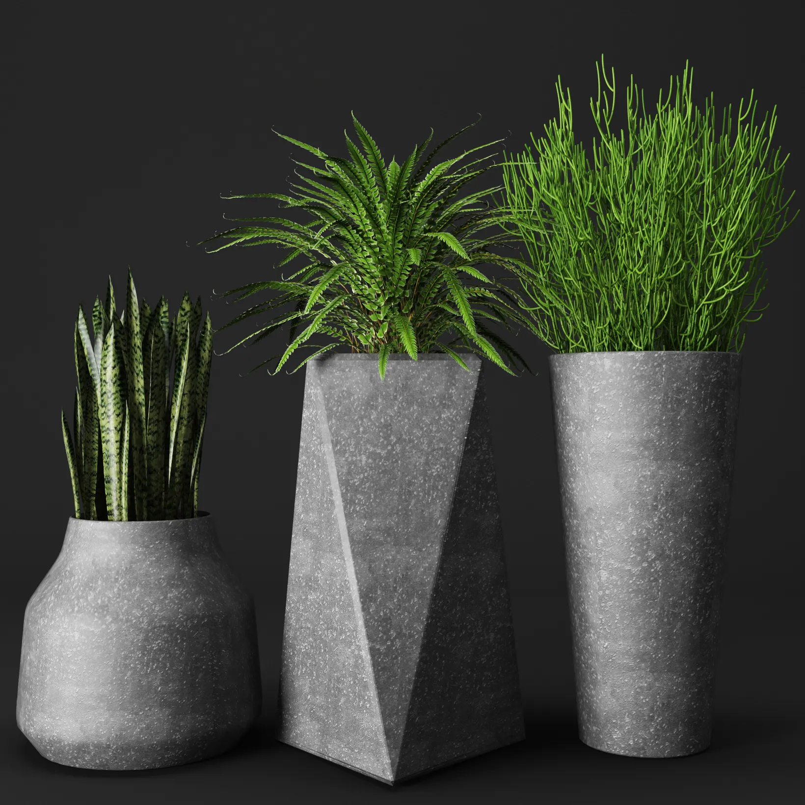 decoration – Set of concrete pots with plants 04 3ds Max